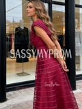 A Line Ruffles Tulle Fuchsia V Neck Prom Dress