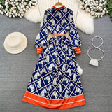 Long Sleeve Horse Print Navy Blue Dress