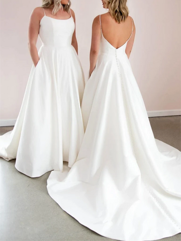 White Satin Button Back Wedding Dress With Pockets