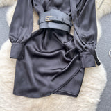 Satin Structured Belt Black Wrap Dress