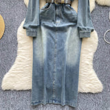 Belted Waist Long Sleeves Denim Shirt Dress