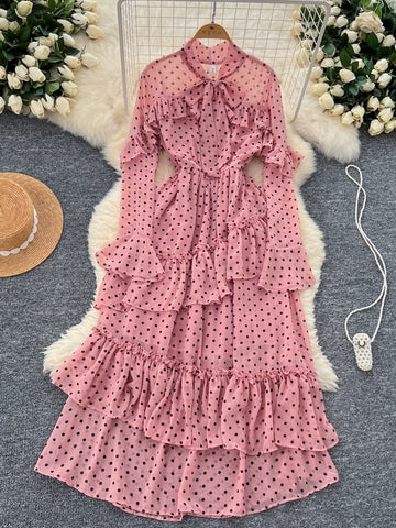 Vintage Polka Dots Tiered Layers Pink Maxi Dress