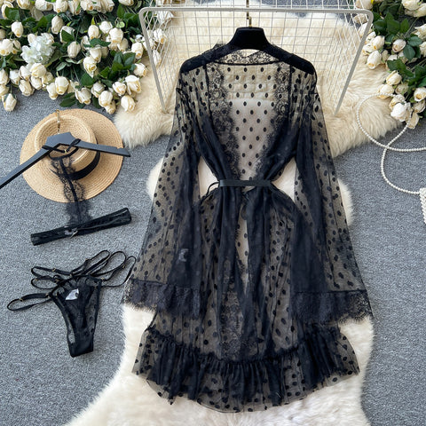 Sheer Black Polka Dot Lace Robe