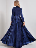 Navy Bow V Neck Velvet Long Sleeve Prom Dress