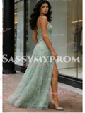 Tulle Spaghetti Straps Mint Green Beading A Line Prom Dress
