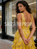 Yellow Feather Sequin A Line Tulle Prom Dress
