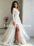 V Neck Tulle Long Sleeve Ruched A Line Wedding Dress With Slit