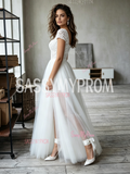 Cap Sleeve Square Neck A-Line Lace Tulle Wedding Dress With Slit