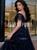 Navy Beading A Line Tulle Off The Shoulder Prom Dress