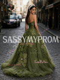 Tulle Sweetheart Rose Pearls Olive Green Prom Dress
