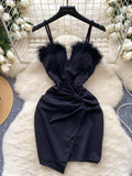 Black Feather Ruched Lavender Party Dress