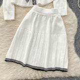 Pleated Skirt Bow White Black Knit Set