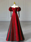 Puffy Sleeves Glittery Mesh Red Prom Dress