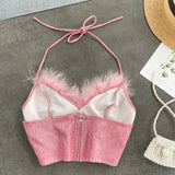 Fluffy Feather Shiny Pink Halter Top