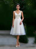 Tea Length Tulle Appliques A Line V Neck Wedding Dress