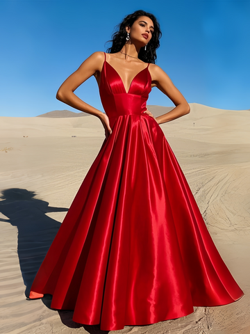 Satin A Line Red Deep V Neck Prom Dress