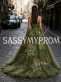 Tulle Sweetheart Rose Pearls Olive Green Prom Dress