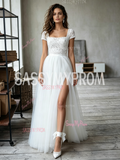 Cap Sleeve Square Neck A-Line Lace Tulle Wedding Dress With Slit