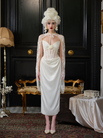Sheath Column Sweetheart White Lace Flower Wedding Dress With Shawl
