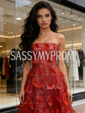 Feather A Line Sparkle Red Strapless Prom Dress