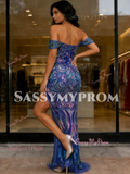 Off The Shoulder Sequin Sparkle Prom Dress With Slit