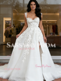 Beading Appliques Straps Sweetheart Tulle Wedding Dress with Slit