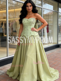 Beading A Line Sweetheart Satin Green Prom Dress