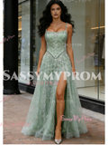 Tulle Spaghetti Straps Mint Green Beading A Line Prom Dress