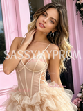 Champagne Spaghetti Strap A-Line Tulle Ruffled Homecoming Dress