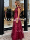 A Line Ruffles Tulle Fuchsia V Neck Prom Dress