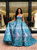 Green Ball Gown Sequin Floral Square Neck Prom Dress
