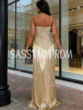 Sheath Column Gold Spaghetti Straps Sparkle Prom Dress