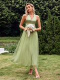 Tulle Sequin Backless Halter Green Prom Dress