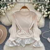 Elegant Ruffles Long Sleeve Cream Blouse