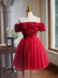 Flowers Tulle A Line Red Off The Shoulder Homecoming Dress