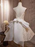 V Neck Lace Ivory Beading Homecoming Dress With Bowknot