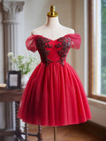 Beading Tulle Burgundy A-Line Off Shoulder Homecoming Dress