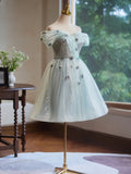 Tulle Beading Flower A-Line Off The Shoulder Mint Homecoming Dress