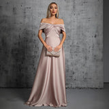 Brown Satin A Line Ruched Off The Shoulder Prom Dress