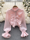 Ruffled Collar Pearl Embellishments Hot Pink Blouse