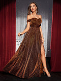 Sexy Brown A Line Off The Shoulder Prom Dress With Slit