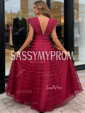 A Line Ruffles Tulle Fuchsia V Neck Prom Dress