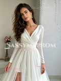 V Neck Tulle Long Sleeve Ruched A Line Wedding Dress With Slit