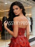 Feather A Line Sparkle Red Strapless Prom Dress