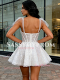 Short Mini White Sequin Tulle Sparkle Straps Prom Dress