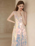 A Line Sequin Pink Sequin V Neck Prom Dress