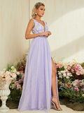 Backless V Neck Lavender Lace Appliques Prom Dress With Slit