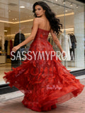 Feather A Line Sparkle Red Strapless Prom Dress