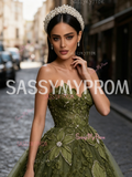 Tulle Sweetheart Rose Pearls Olive Green Prom Dress