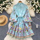 Belt Puffy Sleeves Floral Button-Down Dress